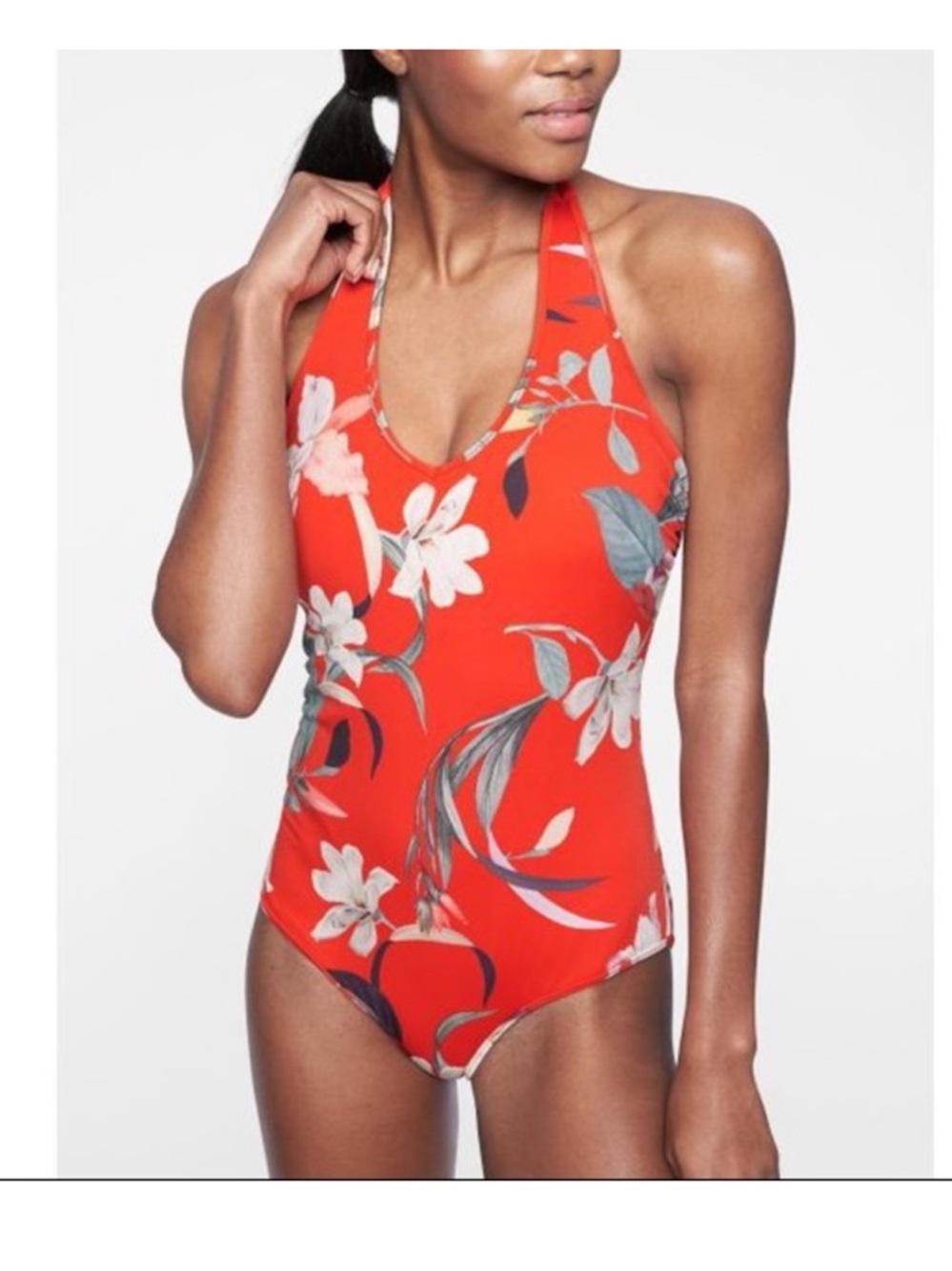 Athleta Red Floral Halter Swim One Piece XS